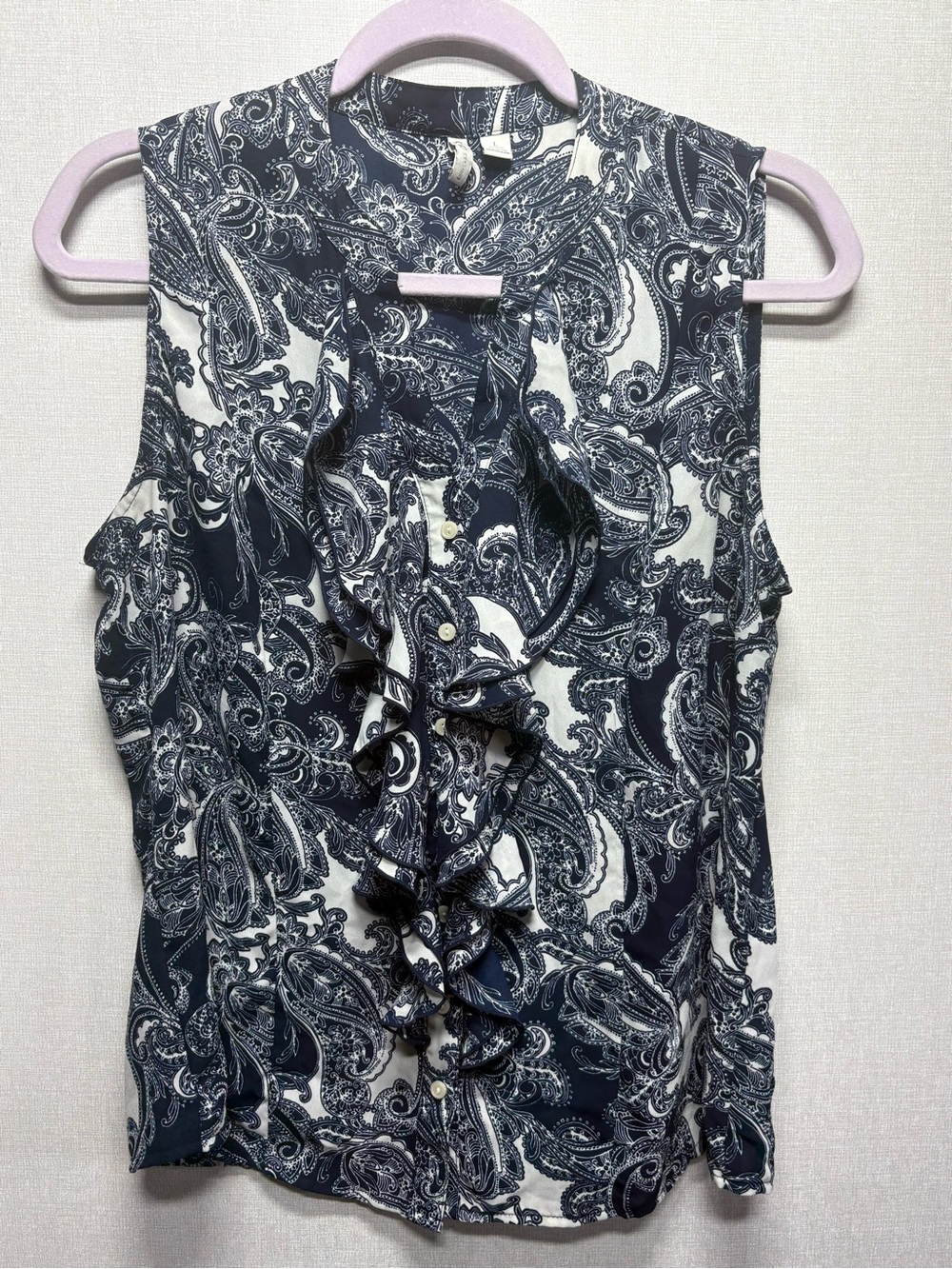 Cato Navy and White Paisley Ruffle Sleeveless Blouse